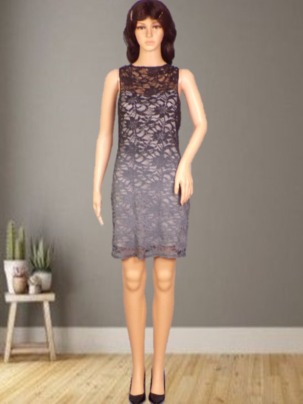 JUMP APPAREL size 7/8 black/gray ombré lace semi-backless sheath dress poly/span